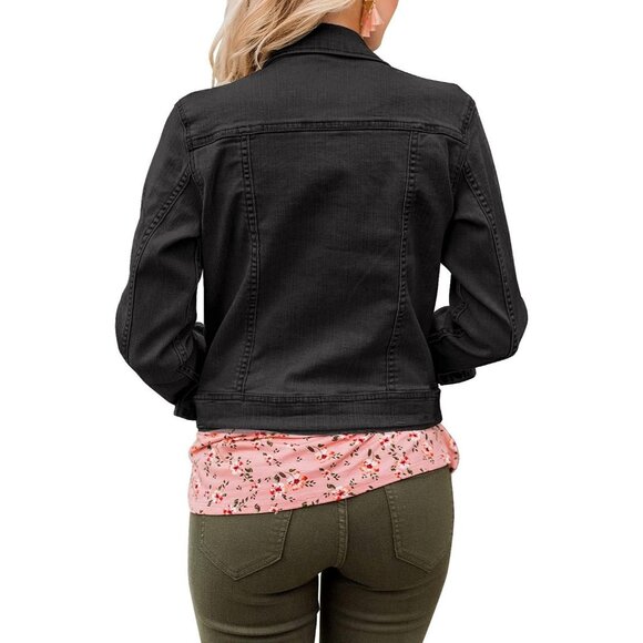 Women's Basic Long Sleeves Button Down Fitted Denim Jean Jacket Black - Picture 2 of 4